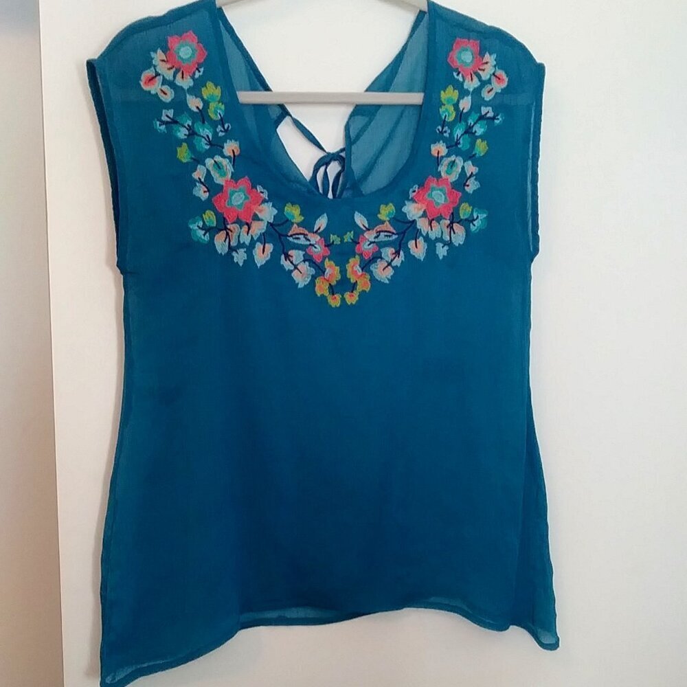 Sleeveless Sheer Teal Top with Embroidered leaves | Size M-L